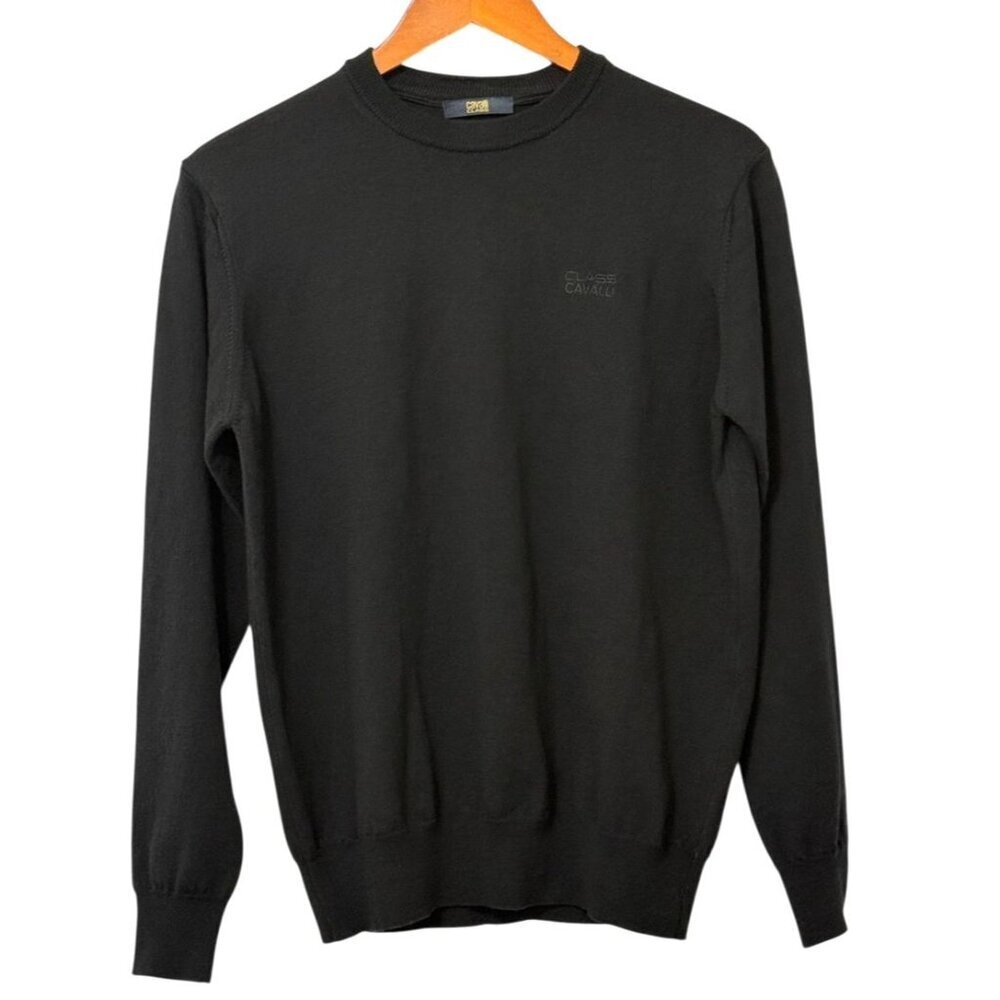 Roberto Cavalli Class Mens 100% Wool Sweater Black Long Sleeve Crew Neck Size S?